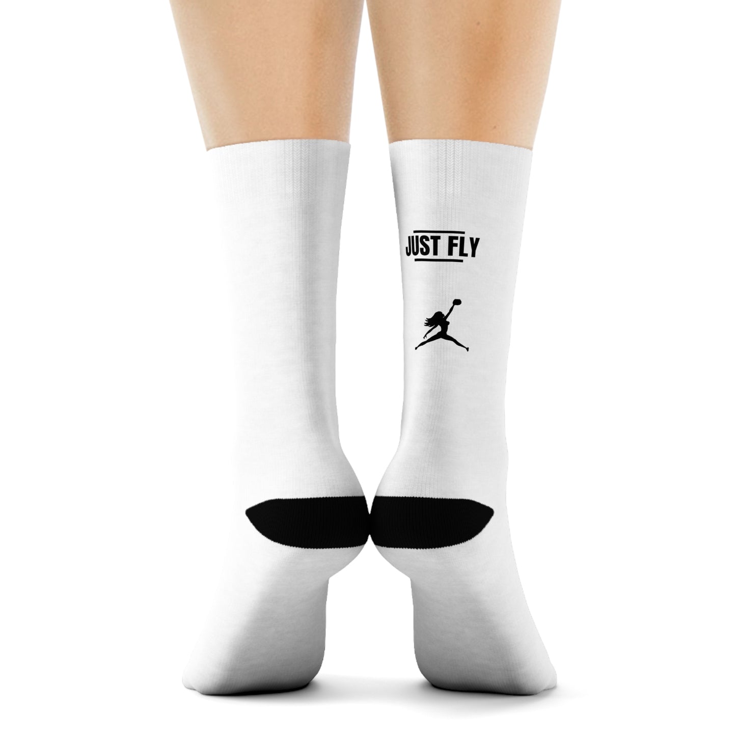 Just Fly Soccer Silhouette Crew Socks — White Athletic Crew Socks with Black Player Logo