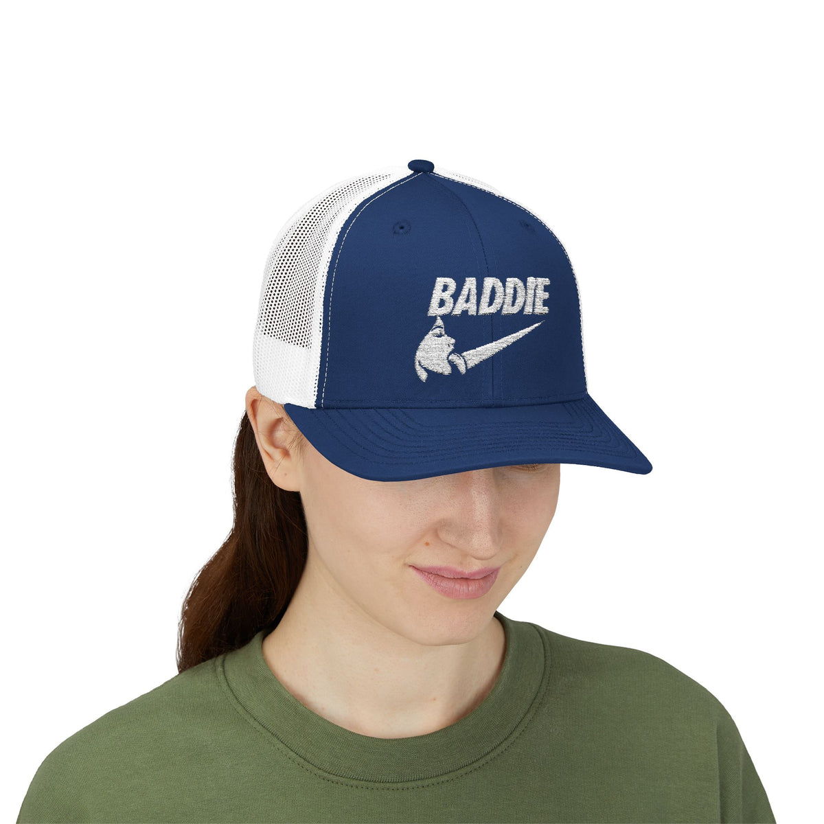 Baddie Trucker Cap — Retro Distressed Logo Snapback Hat