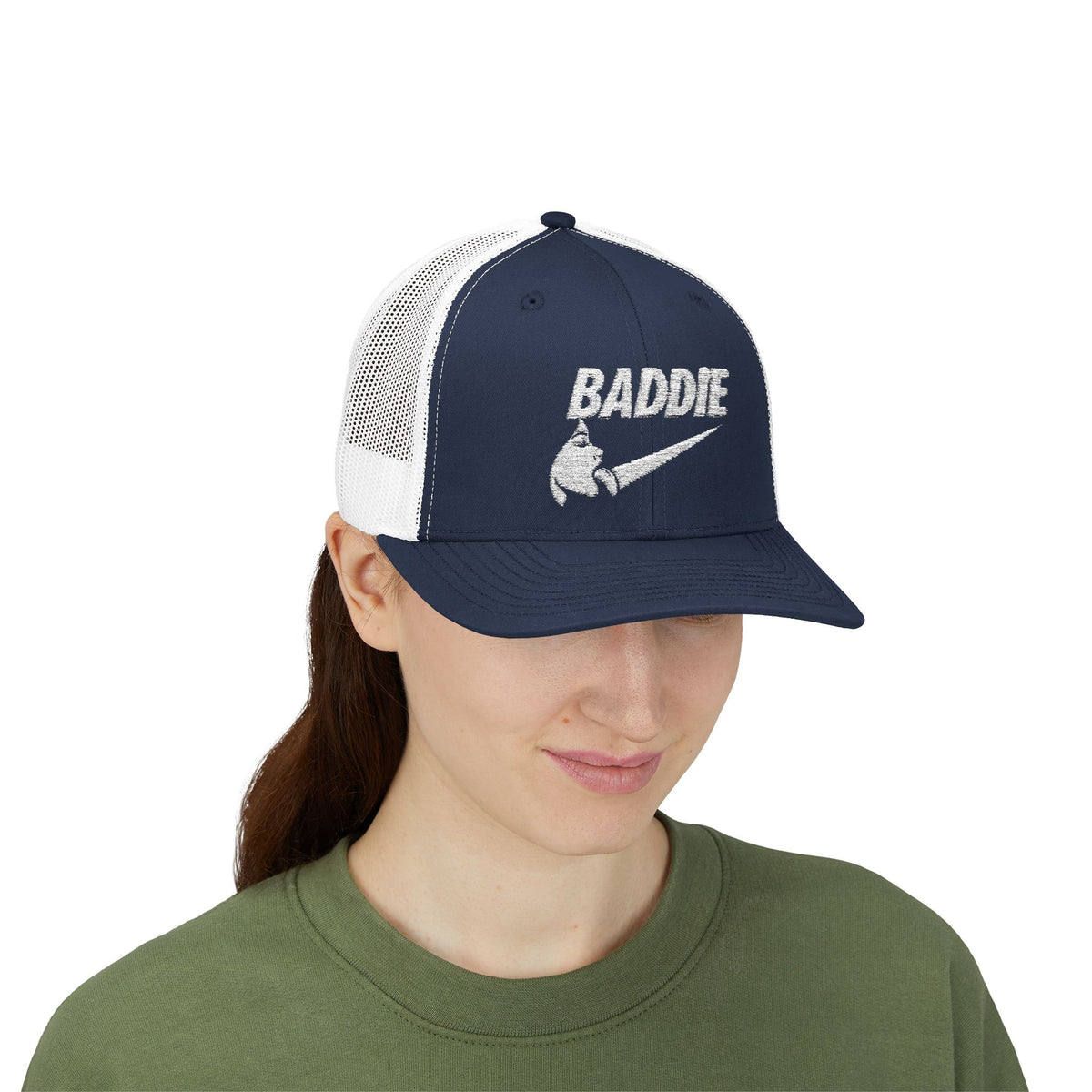 Baddie Trucker Cap — Retro Distressed Logo Snapback Hat