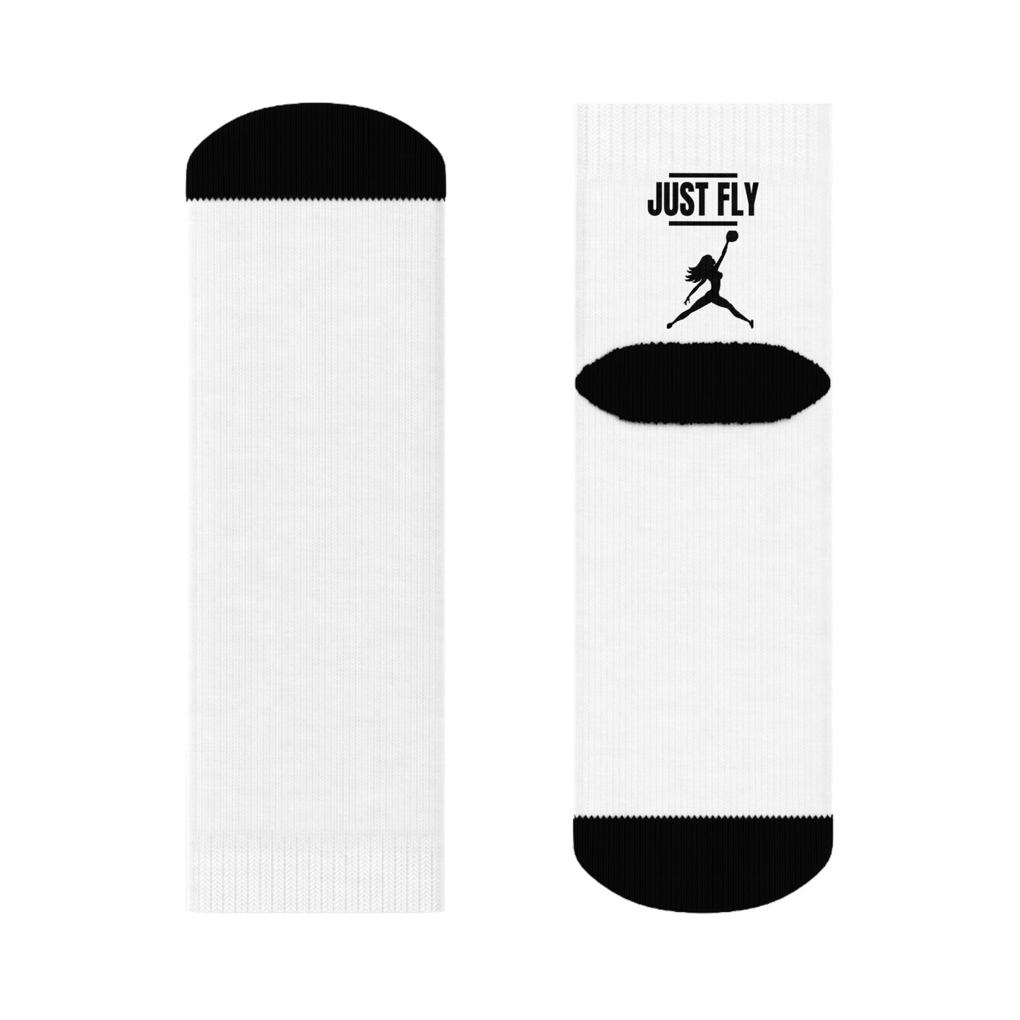 Just Fly Soccer Silhouette Crew Socks — White Athletic Crew Socks with Black Player Logo