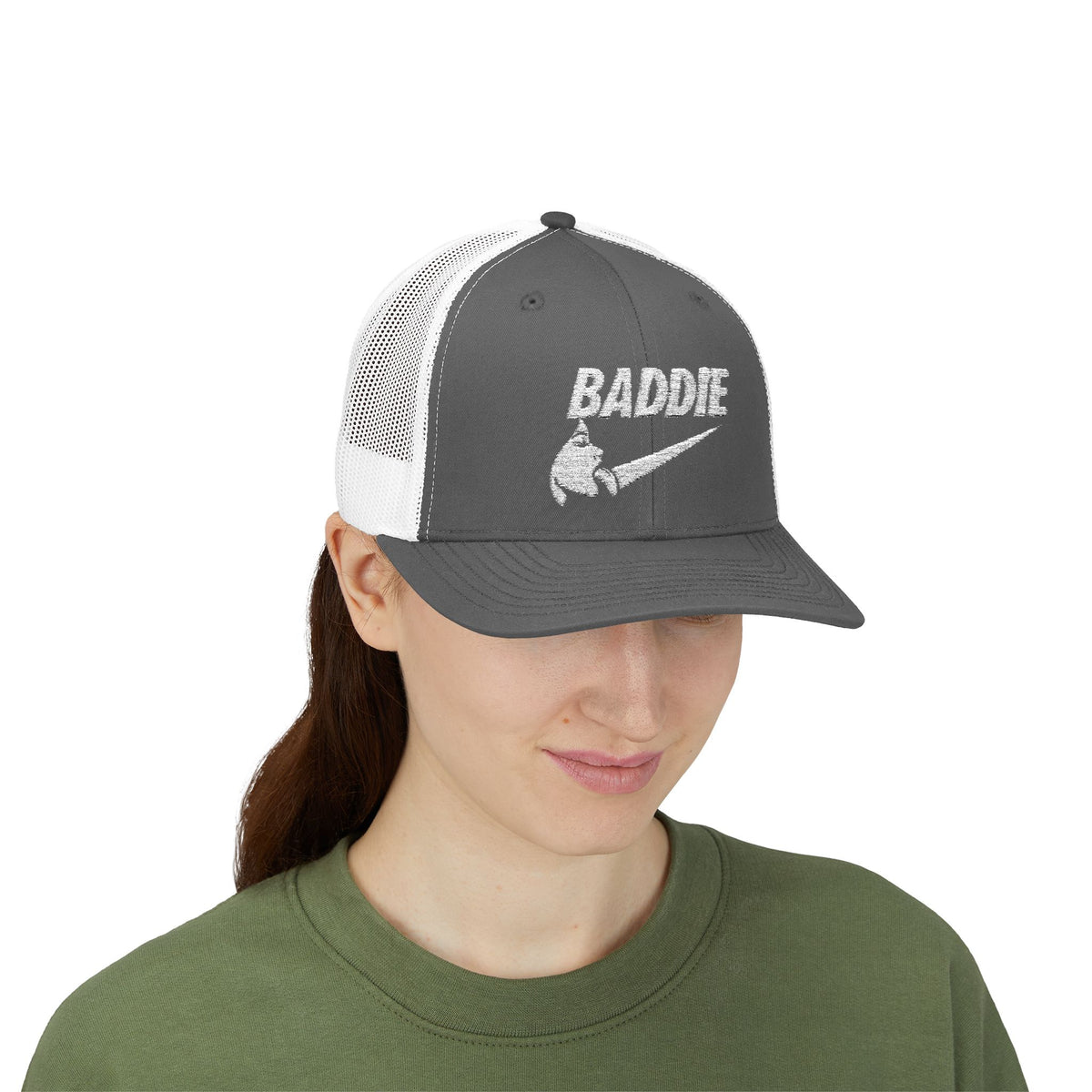 Baddie Trucker Cap — Retro Distressed Logo Snapback Hat