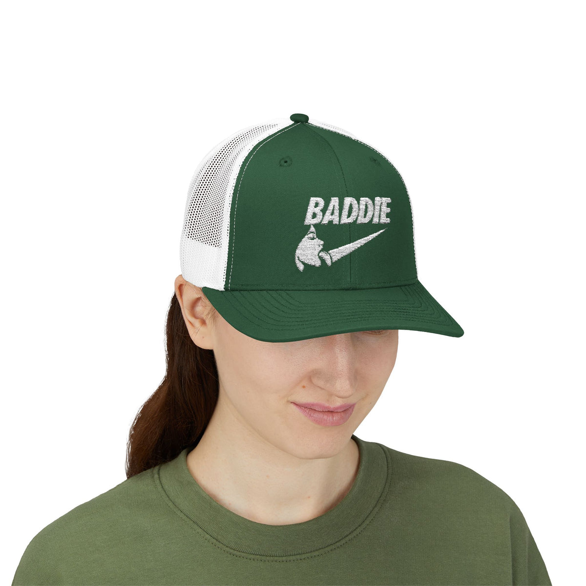 Baddie Trucker Cap — Retro Distressed Logo Snapback Hat