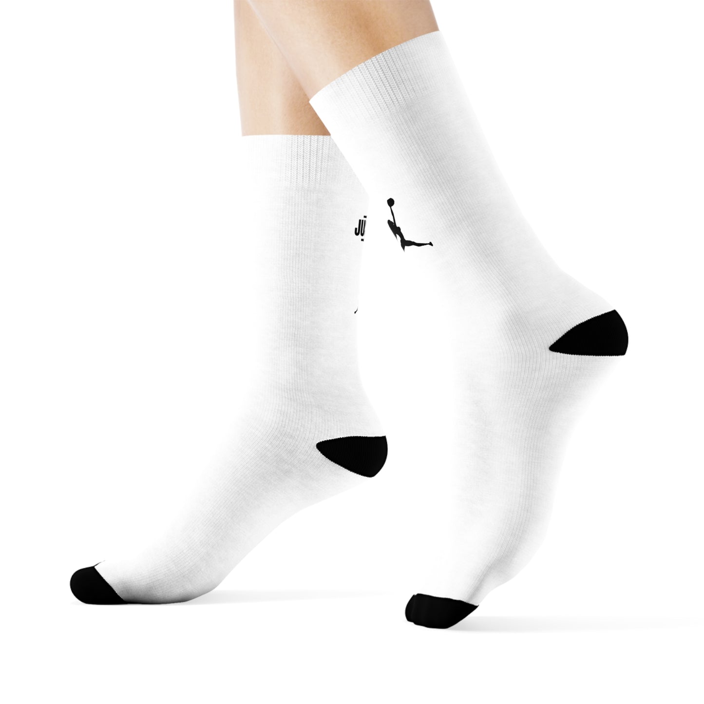 Just Fly Soccer Silhouette Crew Socks — White Athletic Crew Socks with Black Player Logo