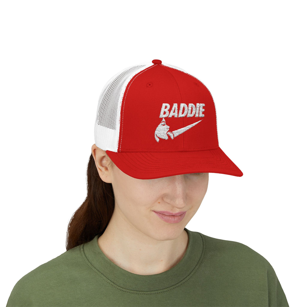 Baddie Trucker Cap — Retro Distressed Logo Snapback Hat