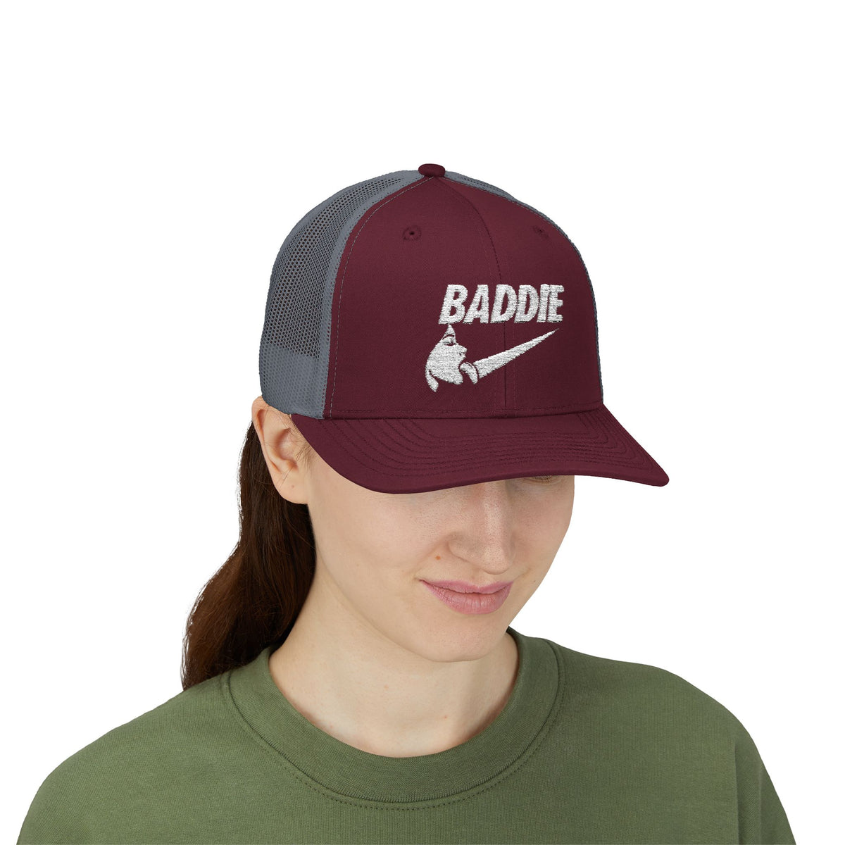 Baddie Trucker Cap — Retro Distressed Logo Snapback Hat