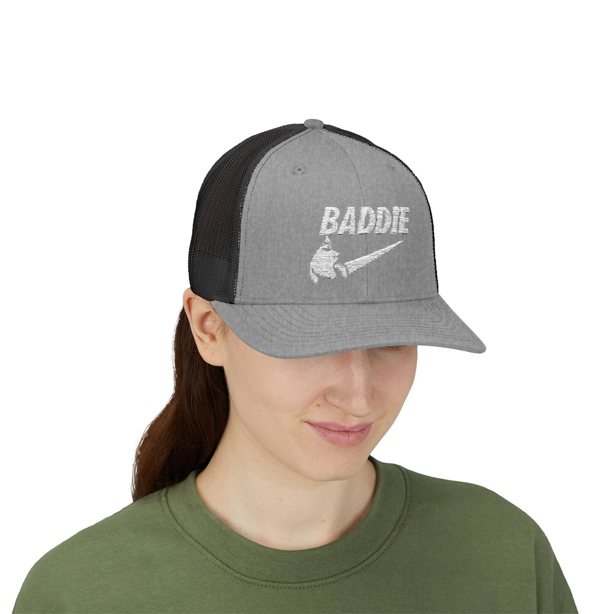 Baddie Trucker Cap — Retro Distressed Logo Snapback Hat