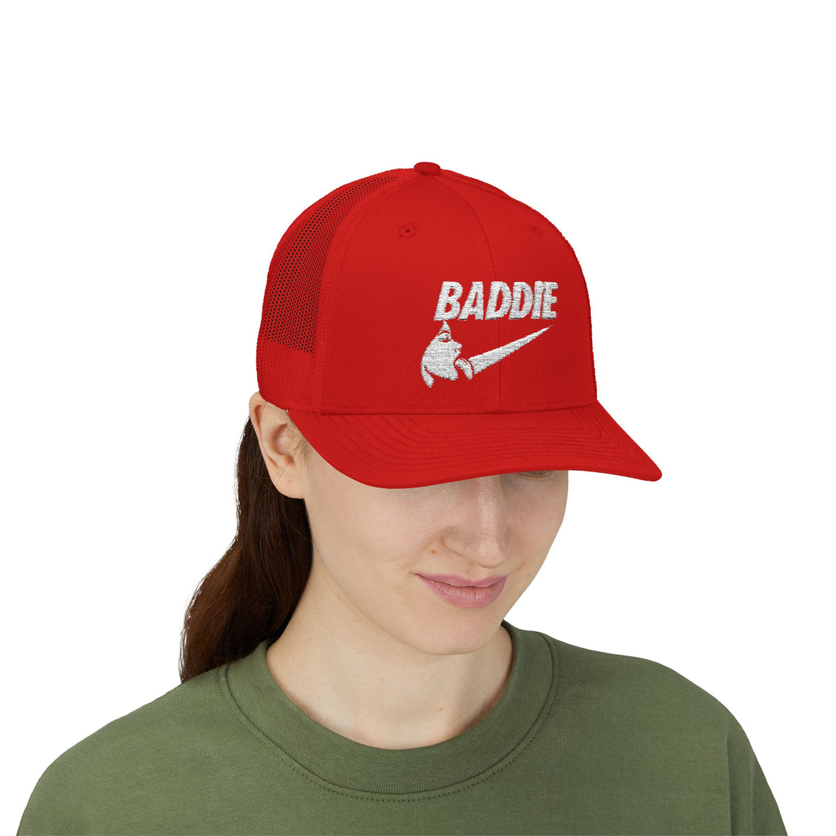 Baddie Trucker Cap — Retro Distressed Logo Snapback Hat
