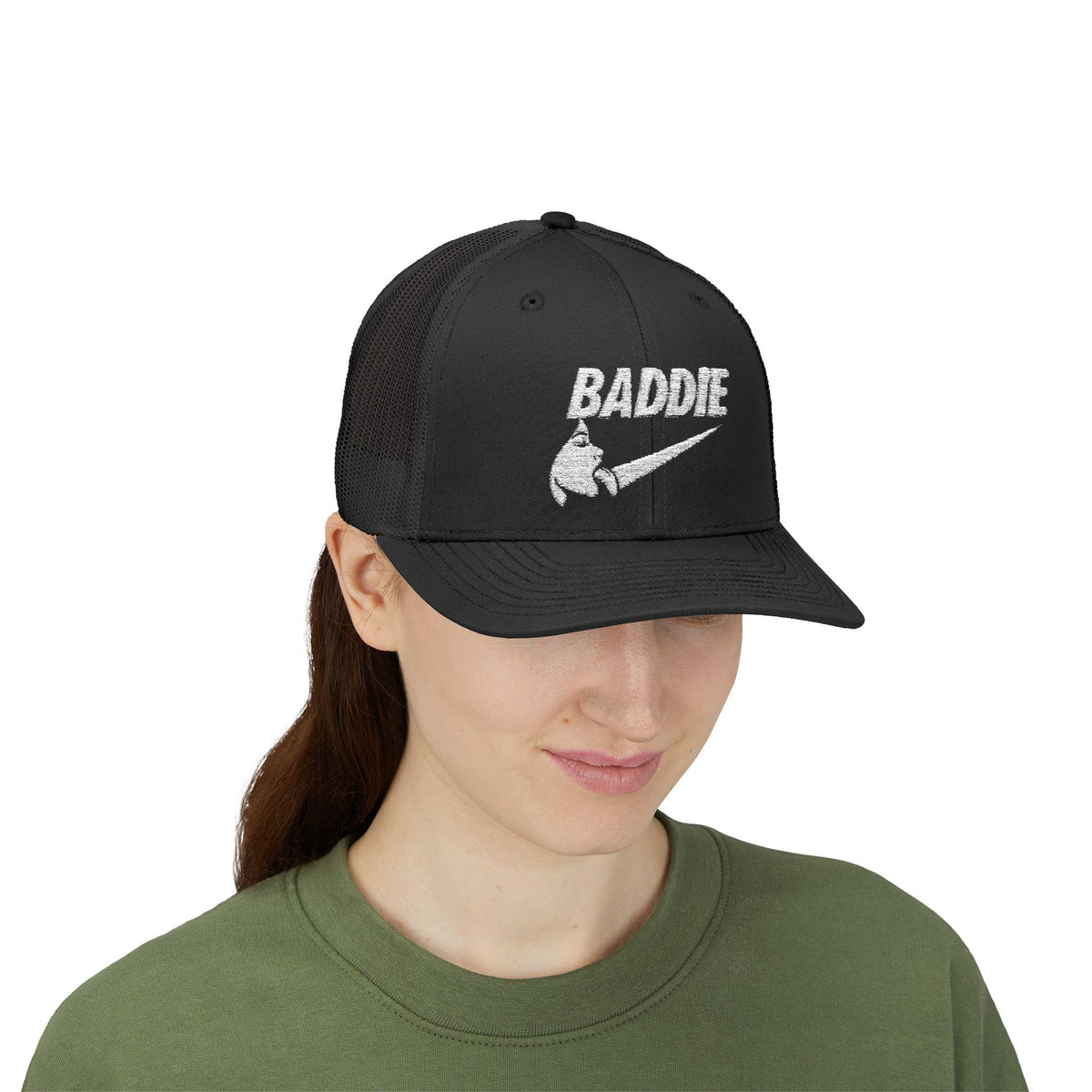 Baddie Trucker Cap — Retro Distressed Logo Snapback Hat
