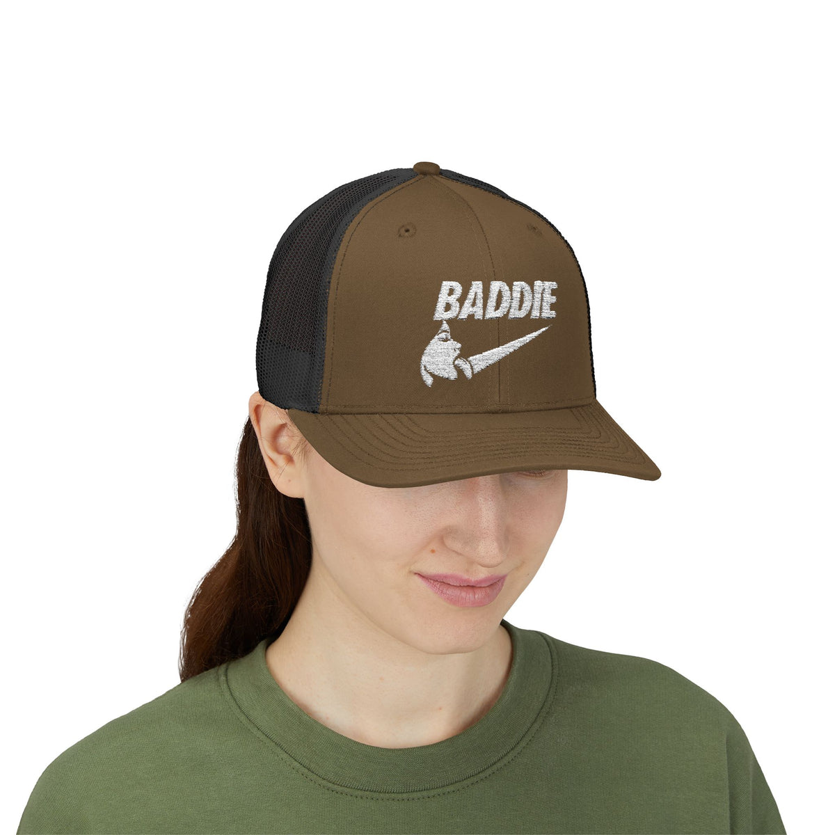 Baddie Trucker Cap — Retro Distressed Logo Snapback Hat