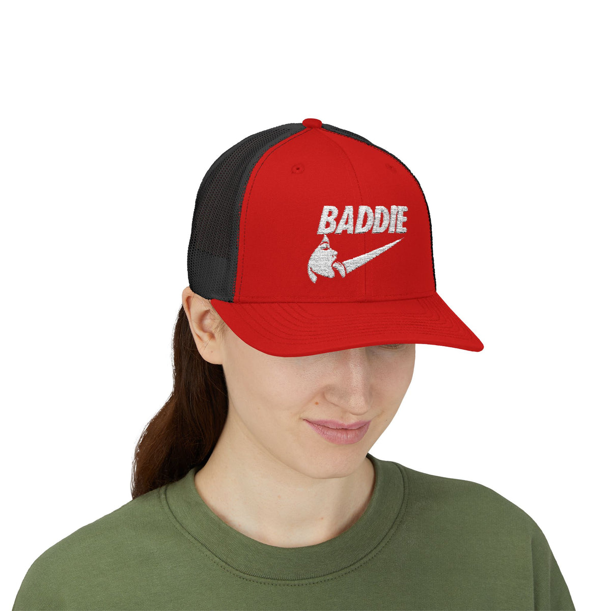 Baddie Trucker Cap — Retro Distressed Logo Snapback Hat