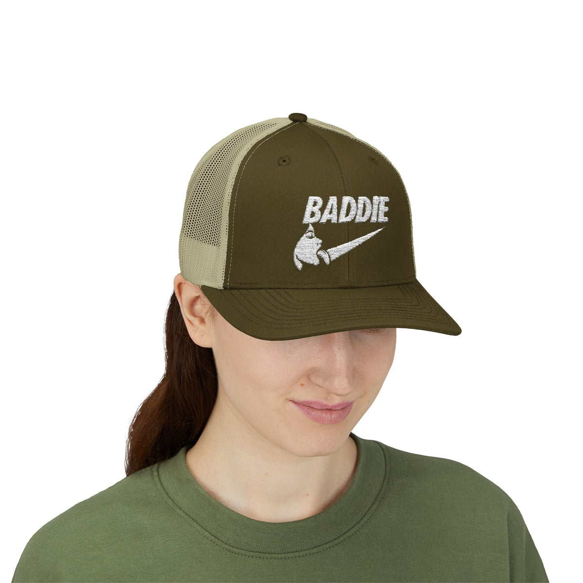 Baddie Trucker Cap — Retro Distressed Logo Snapback Hat
