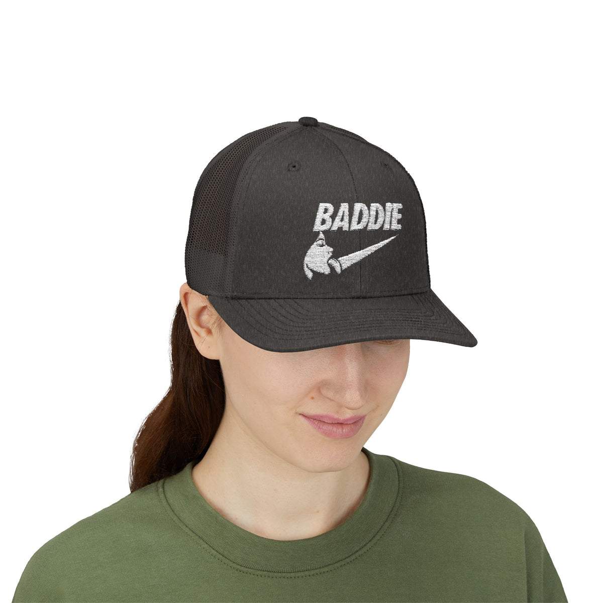 Baddie Trucker Cap — Retro Distressed Logo Snapback Hat