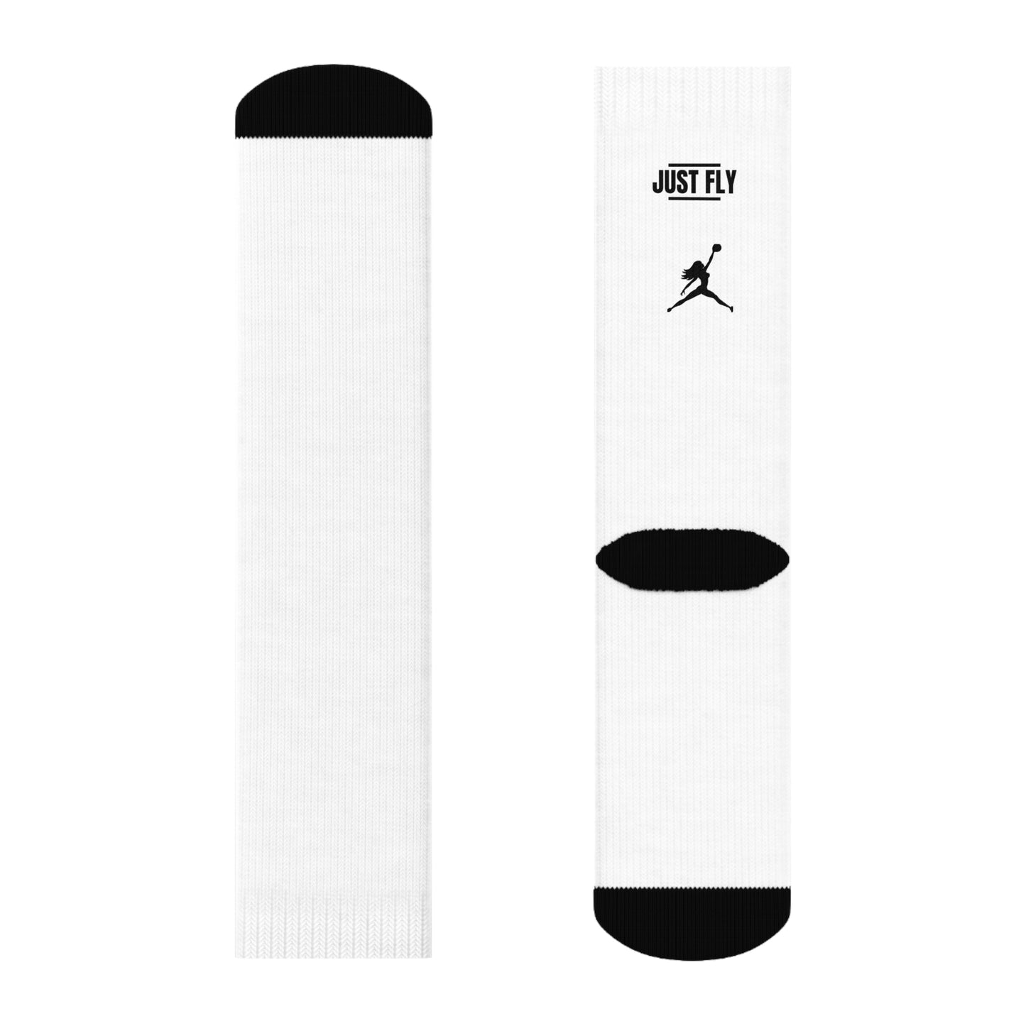 Just Fly Soccer Silhouette Crew Socks — White Athletic Crew Socks with Black Player Logo