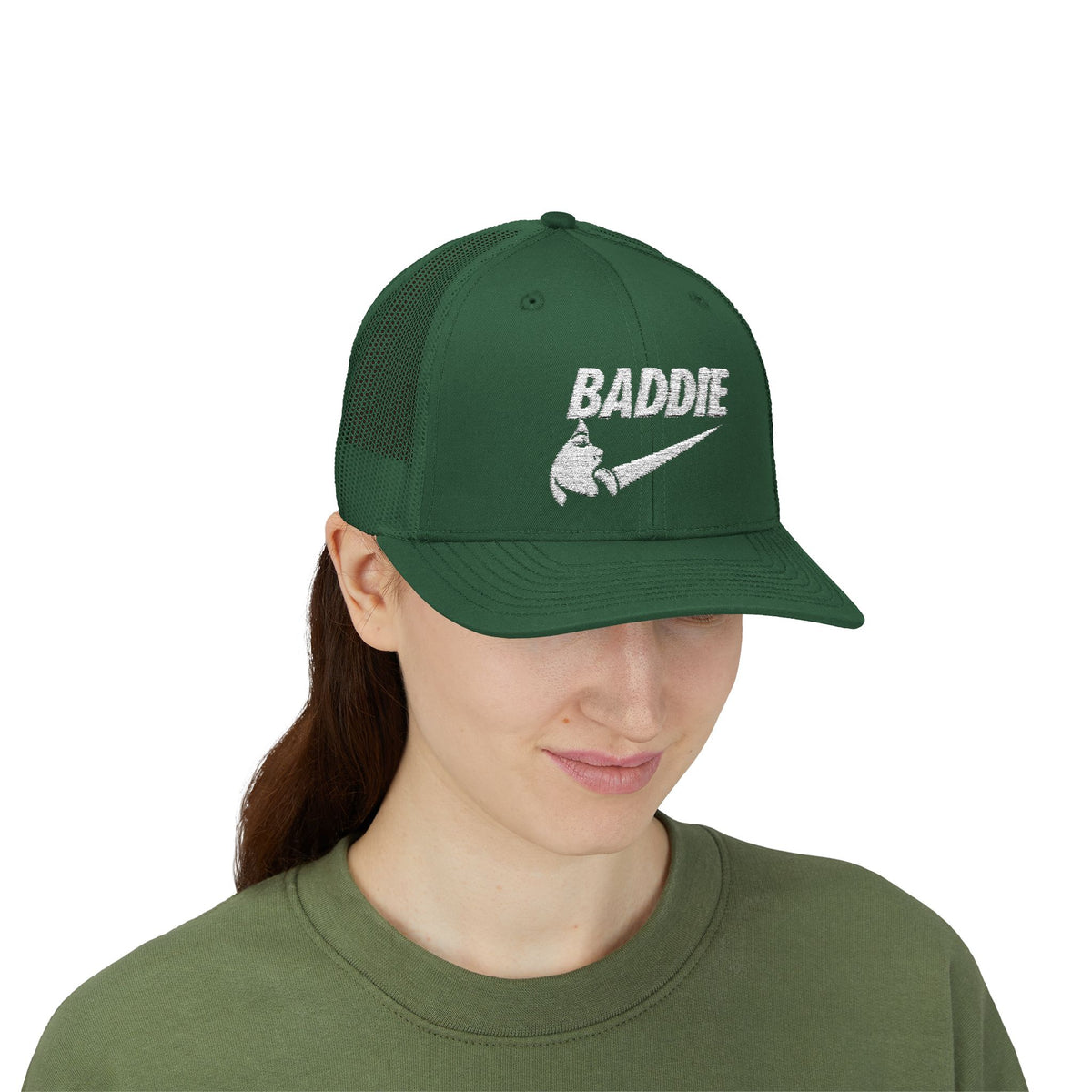 Baddie Trucker Cap — Retro Distressed Logo Snapback Hat
