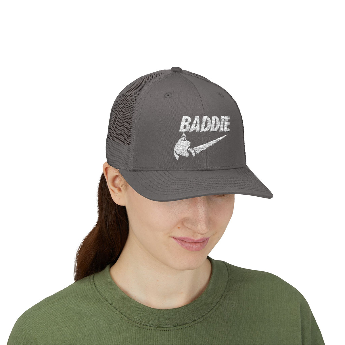 Baddie Trucker Cap — Retro Distressed Logo Snapback Hat