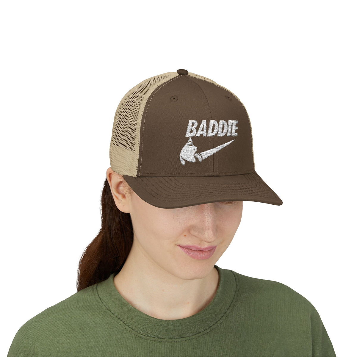 Baddie Trucker Cap — Retro Distressed Logo Snapback Hat