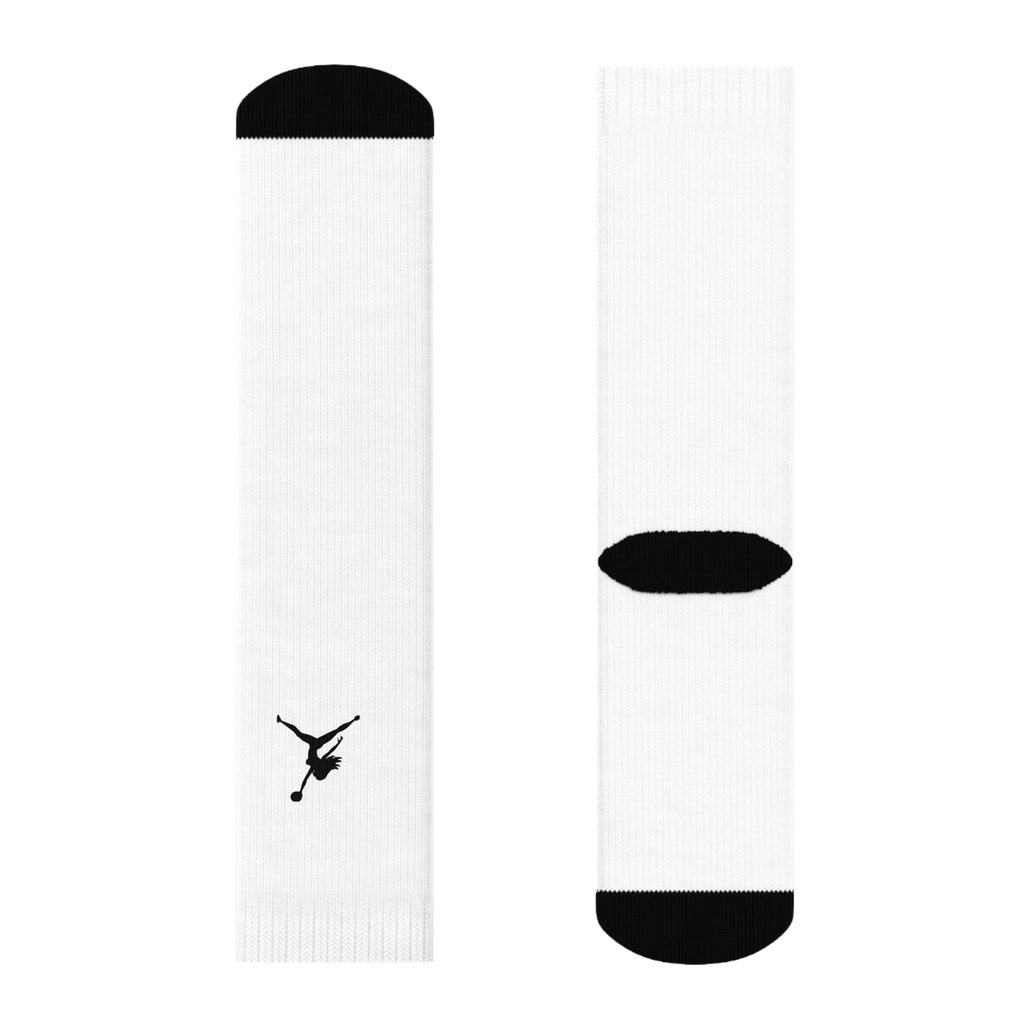 Just Fly Soccer Silhouette Crew Socks — White Athletic Crew Socks with Black Player Logo