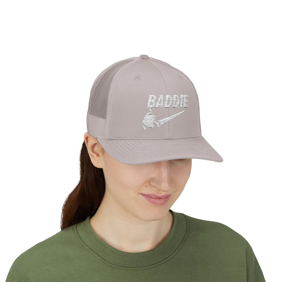 Baddie Trucker Cap — Retro Distressed Logo Snapback Hat