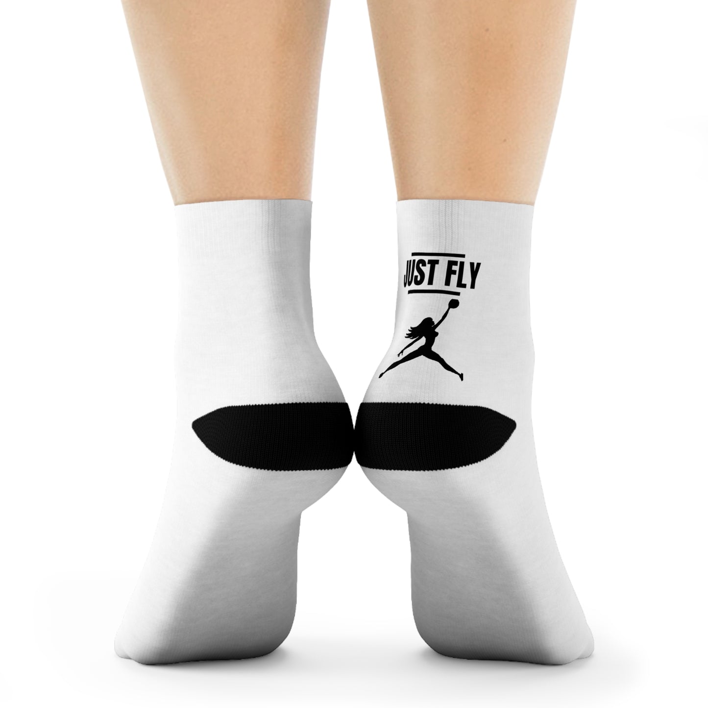 Just Fly Soccer Silhouette Crew Socks — White Athletic Crew Socks with Black Player Logo