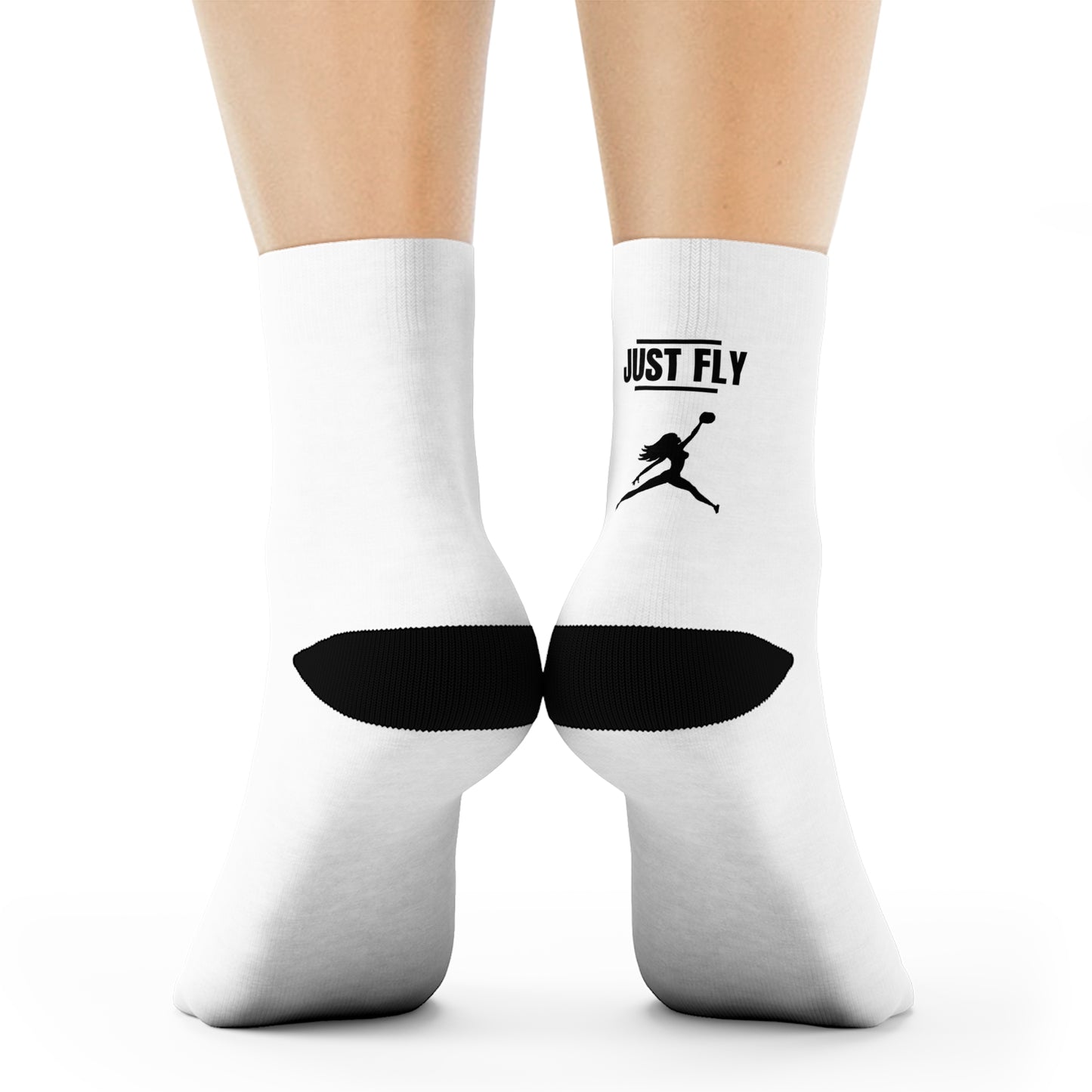 Just Fly Soccer Silhouette Crew Socks — White Athletic Crew Socks with Black Player Logo
