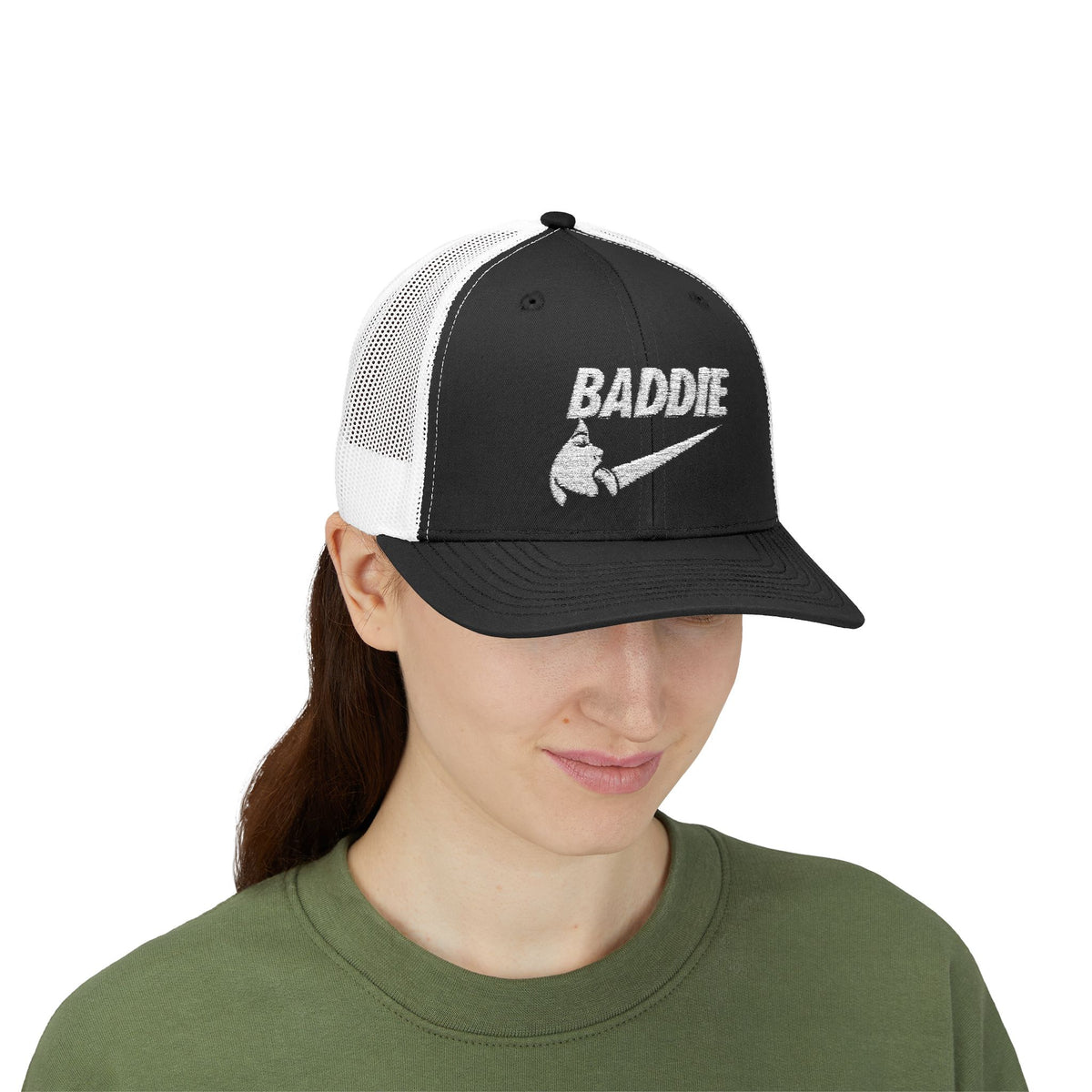 Baddie Trucker Cap — Retro Distressed Logo Snapback Hat