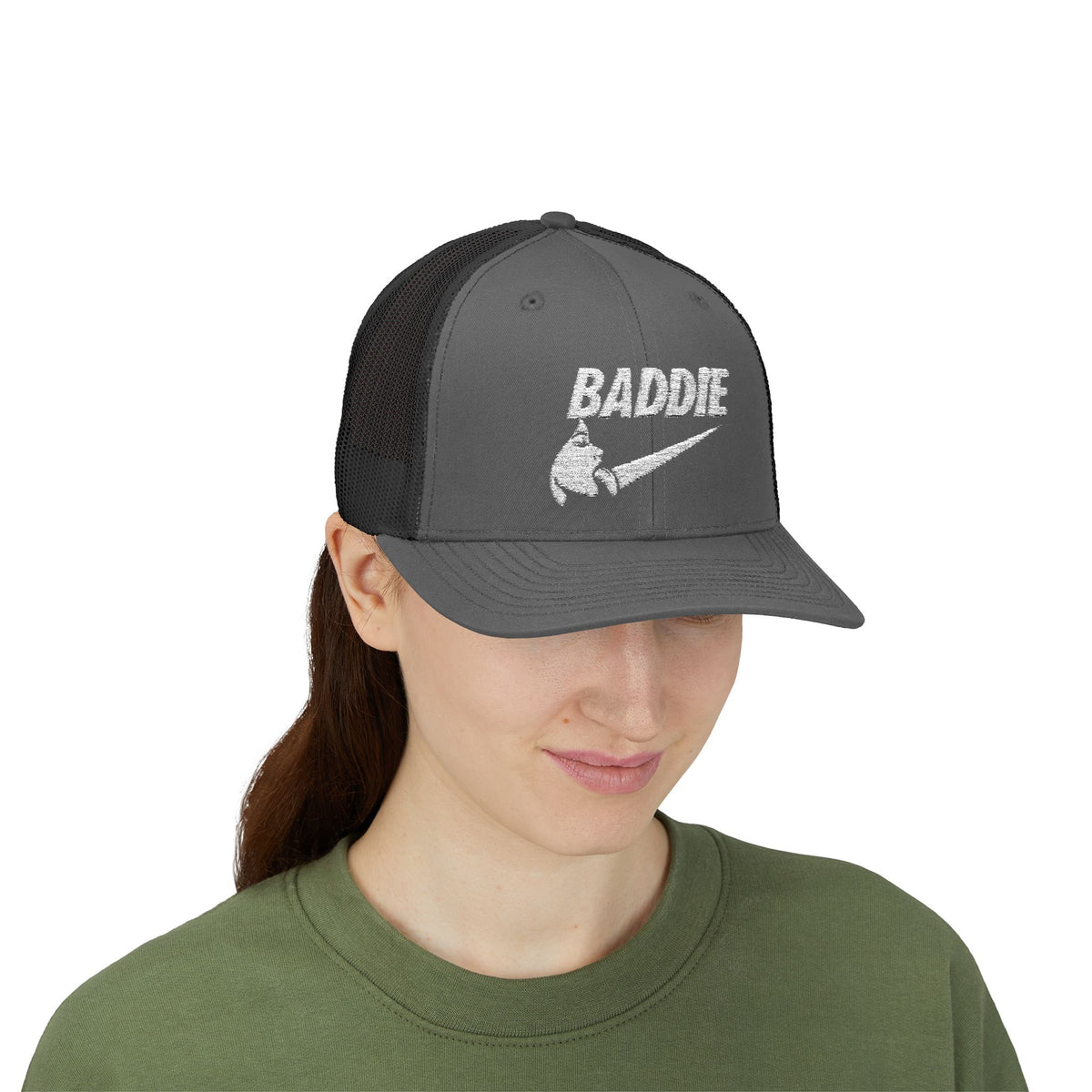 Baddie Trucker Cap — Retro Distressed Logo Snapback Hat