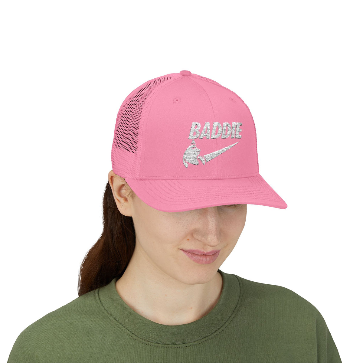 Baddie Trucker Cap — Retro Distressed Logo Snapback Hat