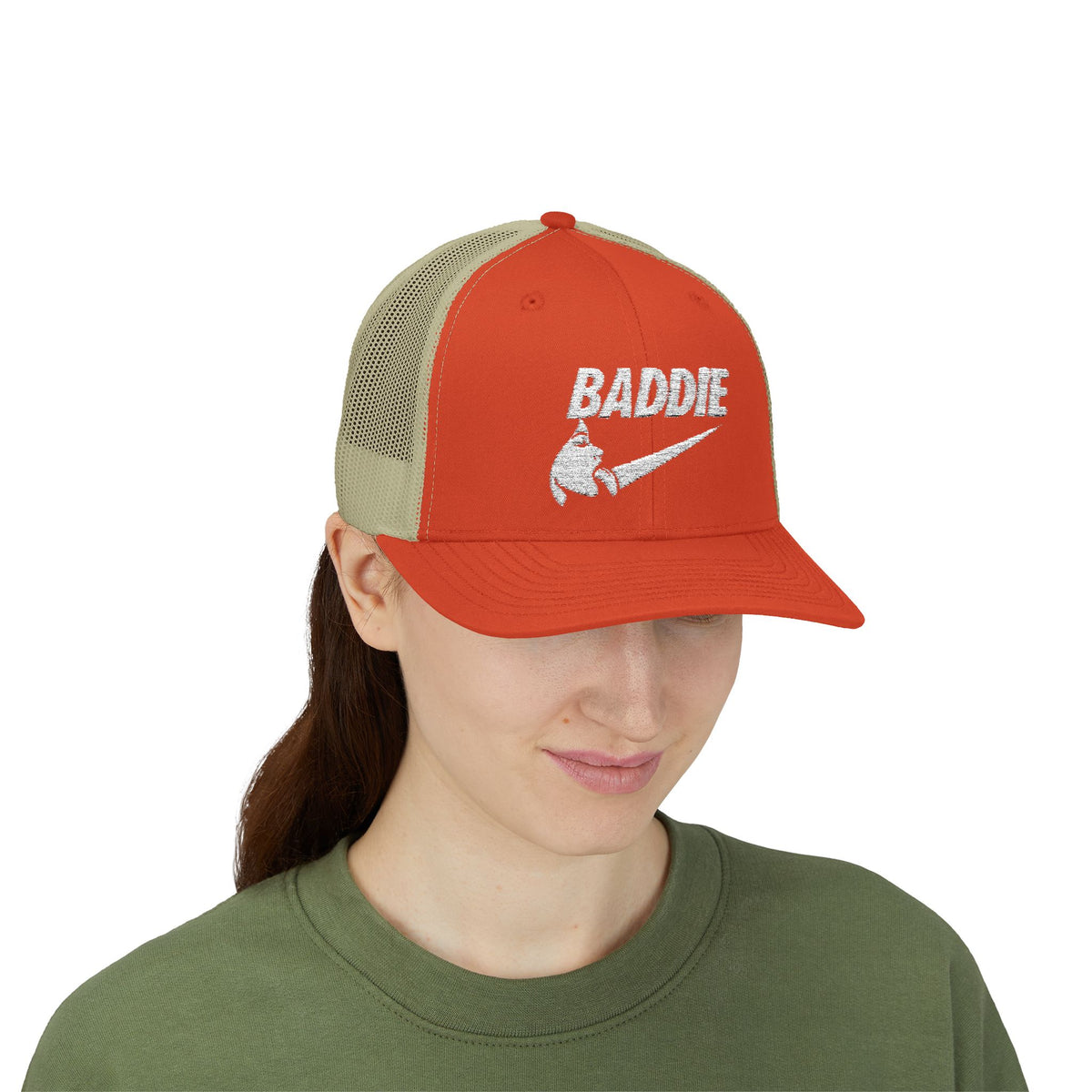 Baddie Trucker Cap — Retro Distressed Logo Snapback Hat