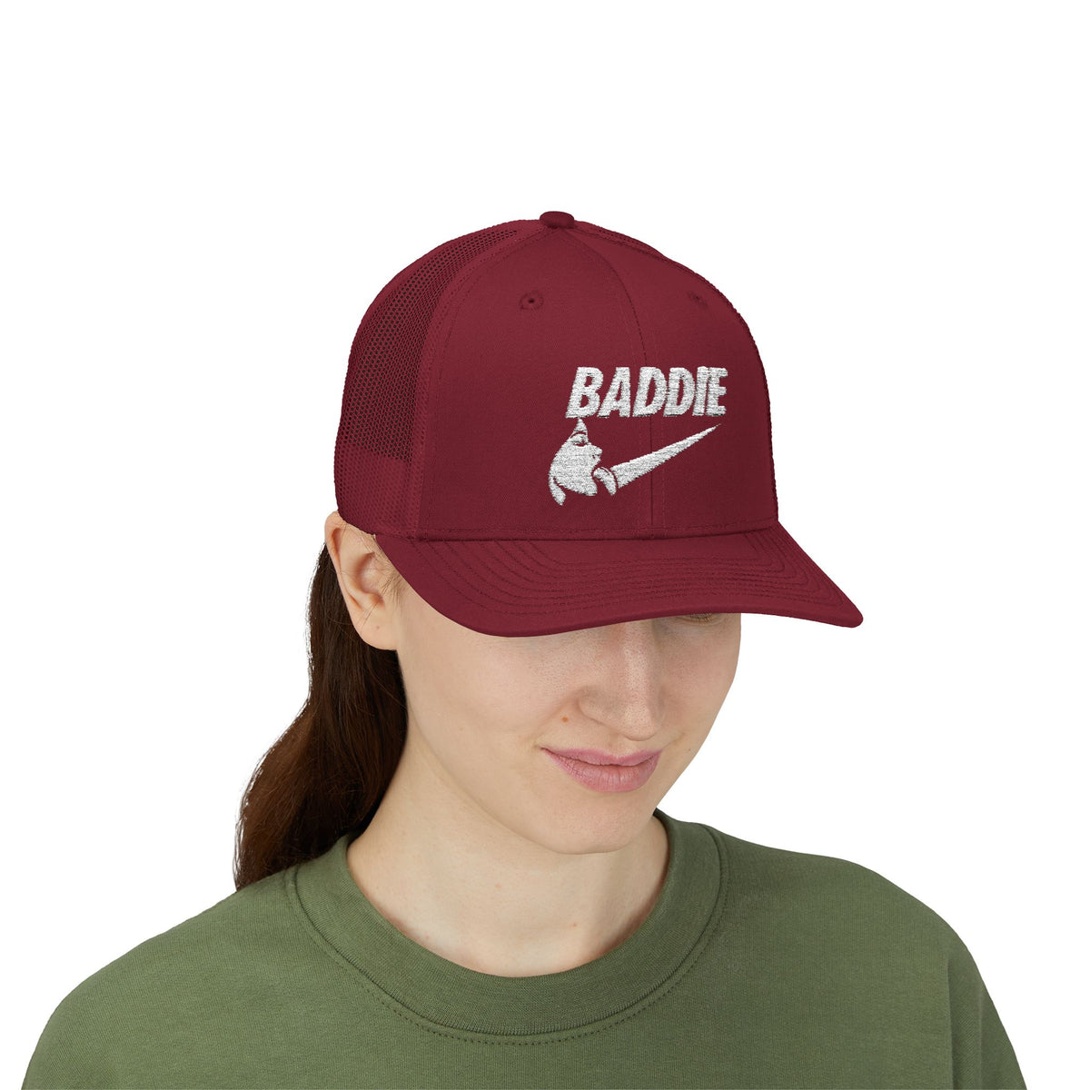 Baddie Trucker Cap — Retro Distressed Logo Snapback Hat