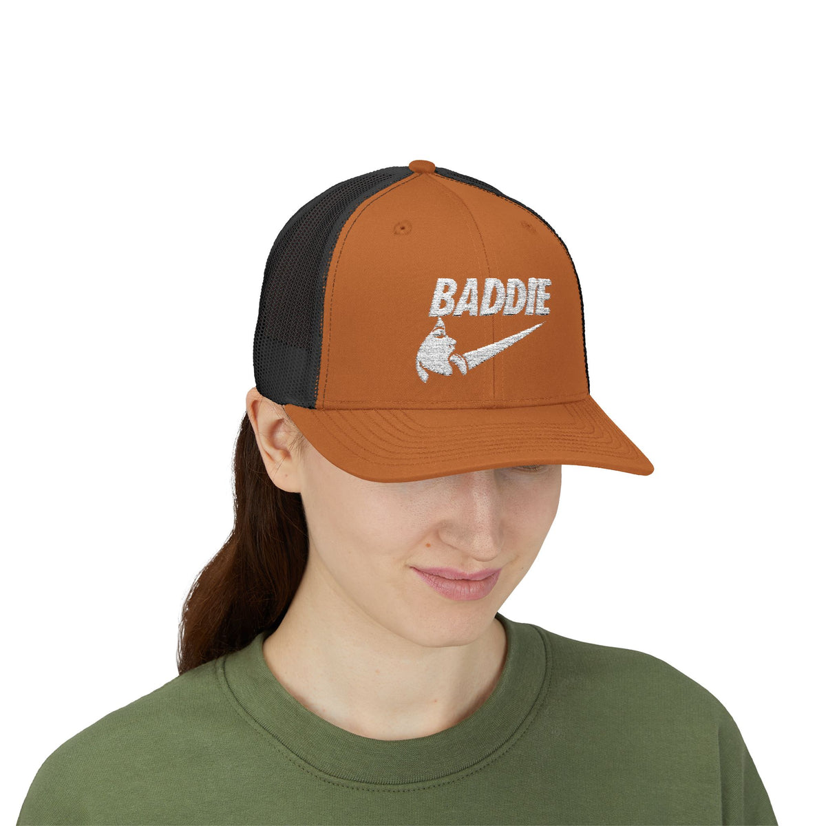Baddie Trucker Cap — Retro Distressed Logo Snapback Hat