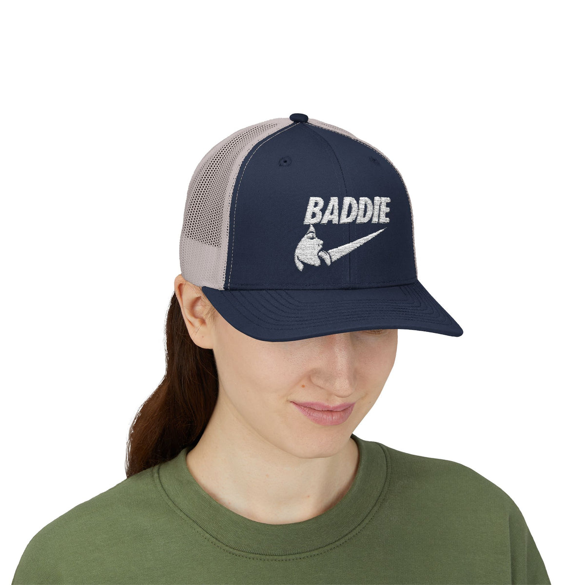 Baddie Trucker Cap — Retro Distressed Logo Snapback Hat