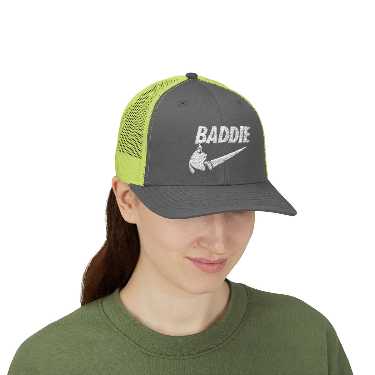Baddie Trucker Cap — Retro Distressed Logo Snapback Hat