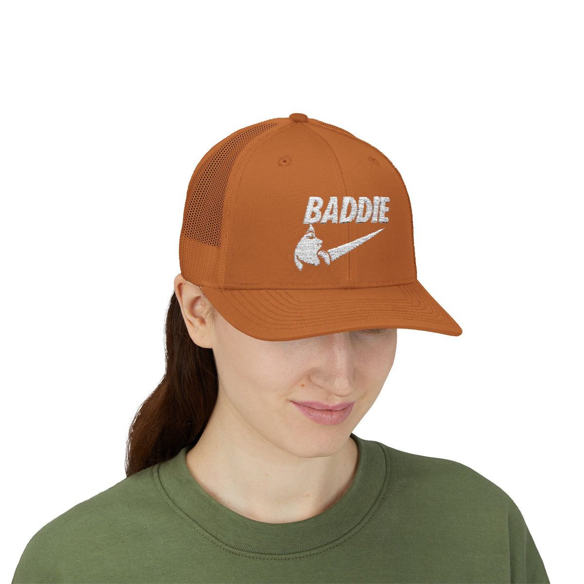 Baddie Trucker Cap — Retro Distressed Logo Snapback Hat