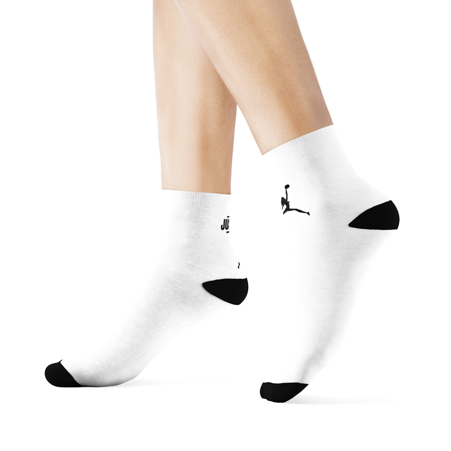 Just Fly Soccer Silhouette Crew Socks — White Athletic Crew Socks with Black Player Logo