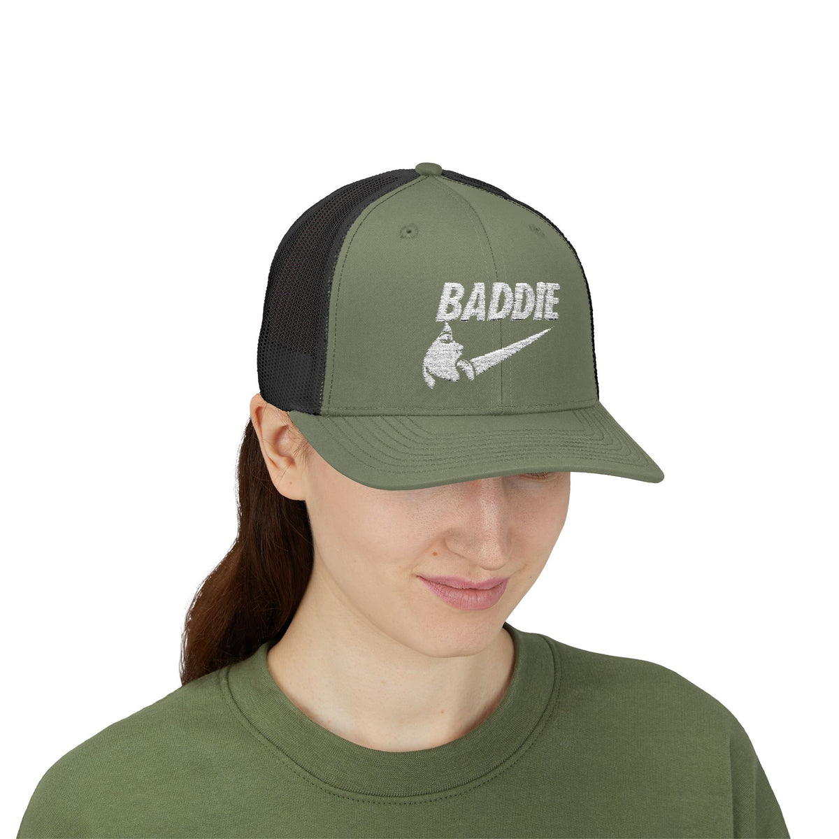 Baddie Trucker Cap — Retro Distressed Logo Snapback Hat