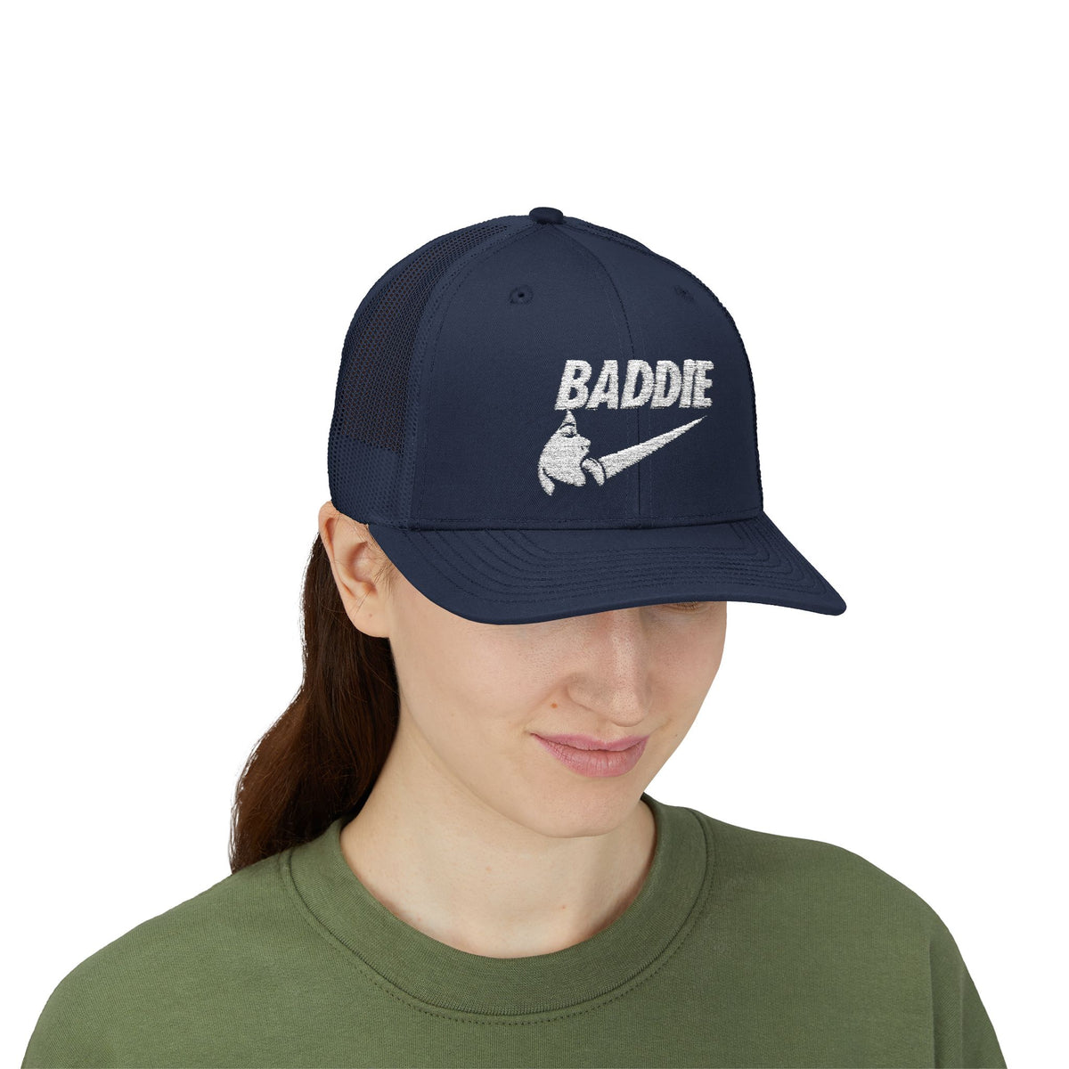 Baddie Trucker Cap — Retro Distressed Logo Snapback Hat