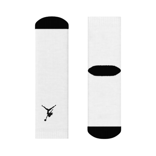 Just Fly Soccer Silhouette Crew Socks — White Athletic Crew Socks with Black Player Logo