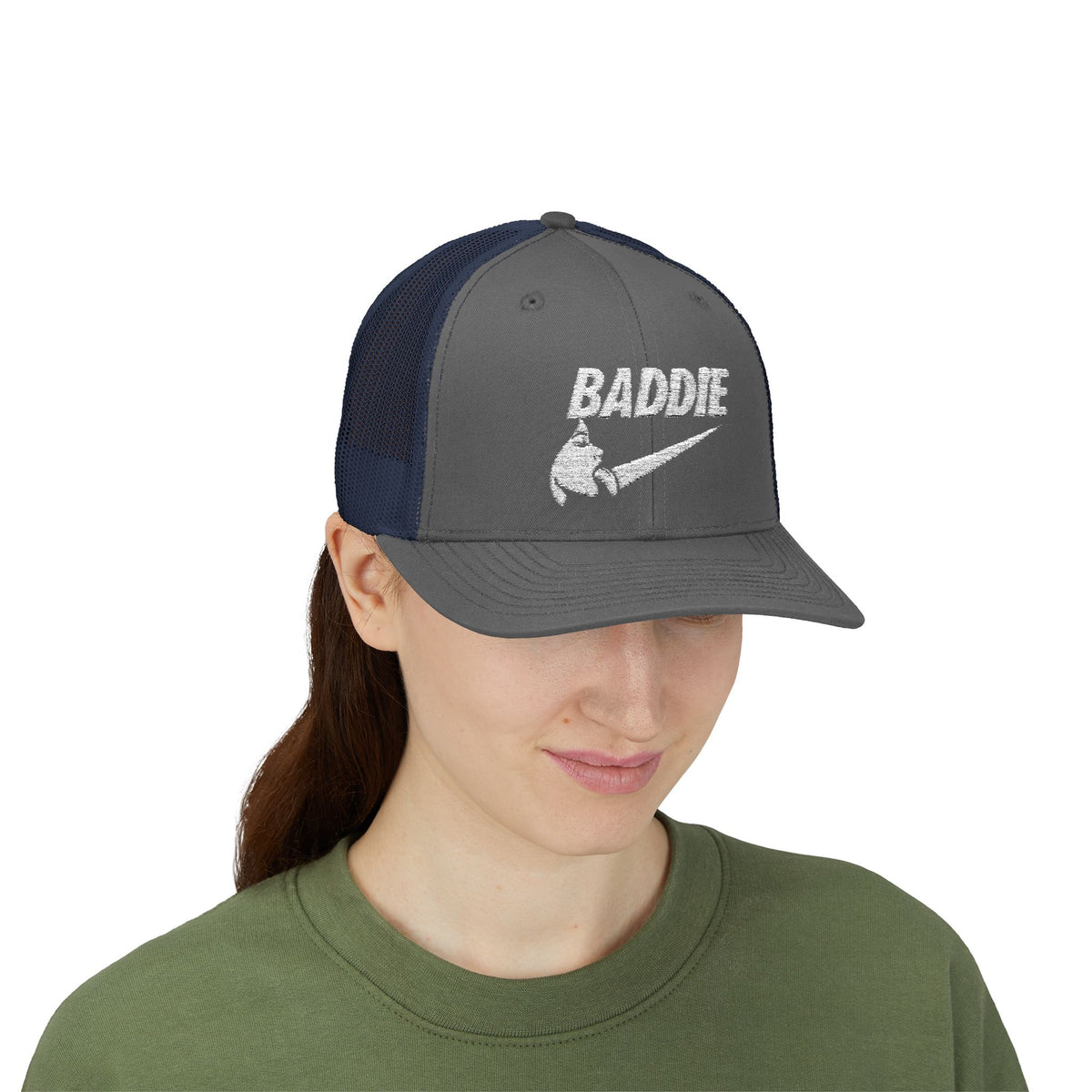 Baddie Trucker Cap — Retro Distressed Logo Snapback Hat