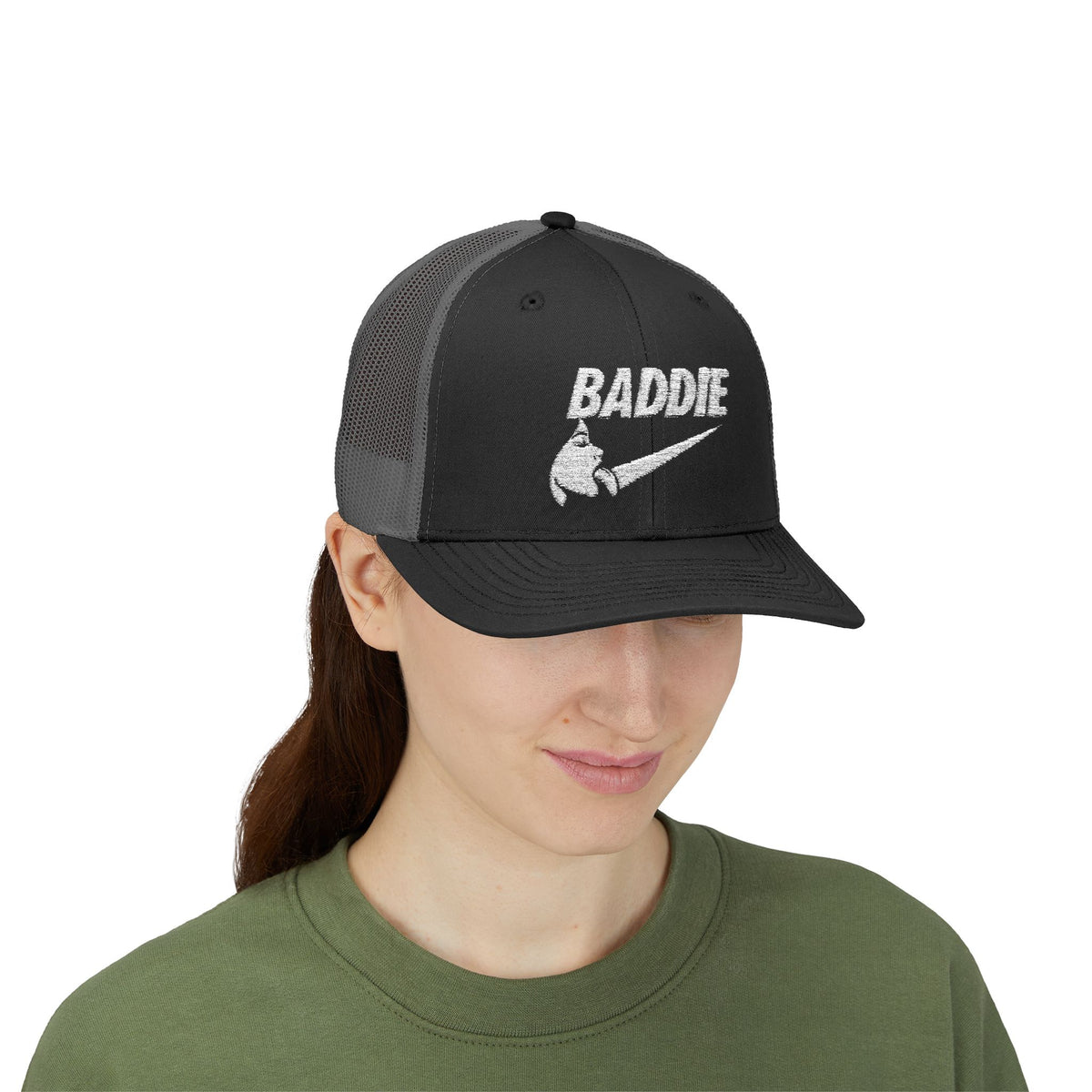 Baddie Trucker Cap — Retro Distressed Logo Snapback Hat