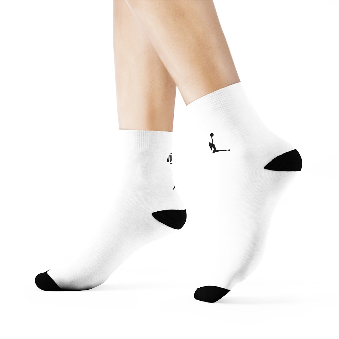 Just Fly Soccer Silhouette Crew Socks — White Athletic Crew Socks with Black Player Logo