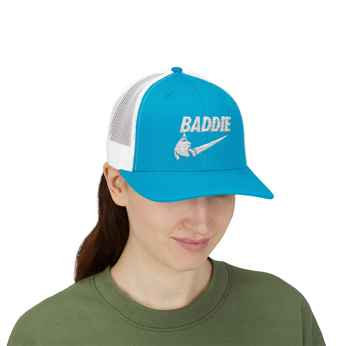Baddie Trucker Cap — Retro Distressed Logo Snapback Hat