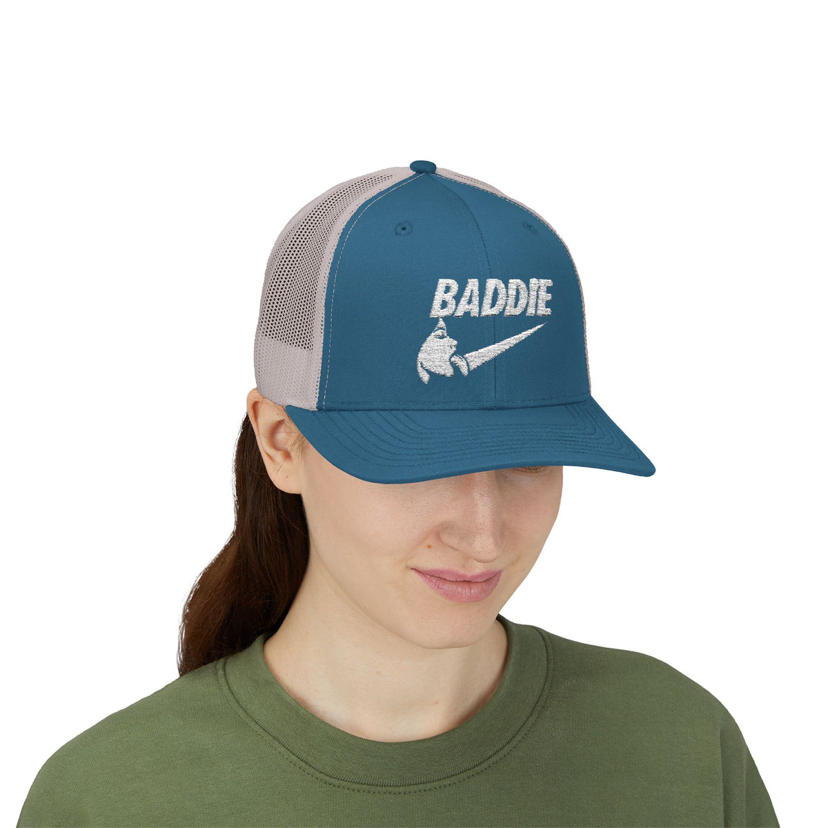 Baddie Trucker Cap — Retro Distressed Logo Snapback Hat