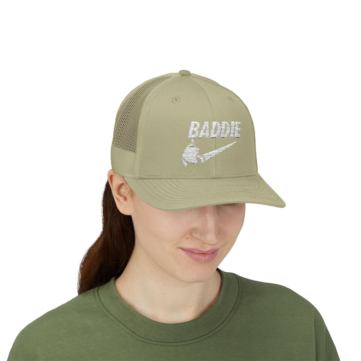 Baddie Trucker Cap — Retro Distressed Logo Snapback Hat